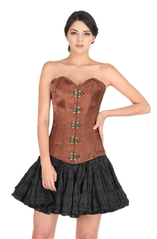 Corset in pastel colors-Brown Satin Corset Front Seal Lock Gothic Burlesque Bustier Waist Training LONG Overbust Top