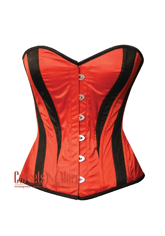 Corset for tummy control-Red and Black Satin Halloween Costume Overbust Sweetheart Neckline Corset Top