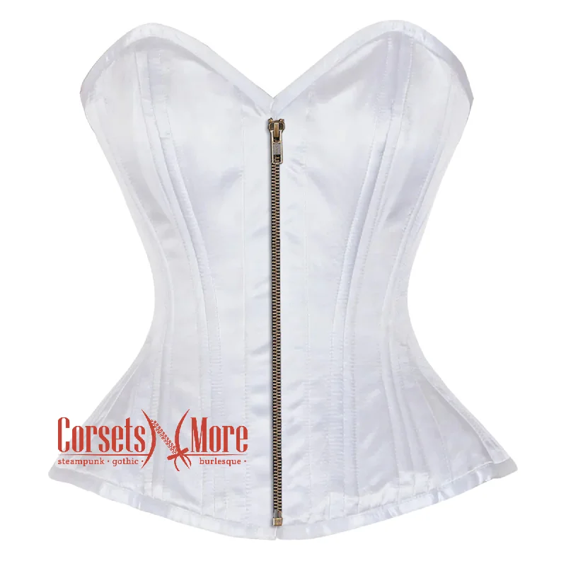 Corset with ribbon lacing-White Satin Burlesque Double Bone Antique Zipper Waist Training Costume Gothic Corset Overbust Top