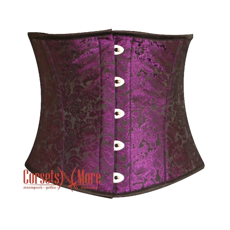 Corset with satin ribbons-Purple And Black Brocade Gothic Underbust Waist Trainer Corset Bustier Top