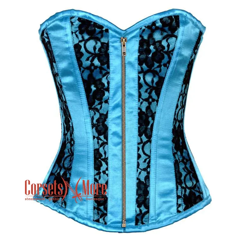 Corset for shaping curves-Plus Size Baby Blue Satin With Black Net Front Antique Zipper Gothic Overbust Burlesque Corset