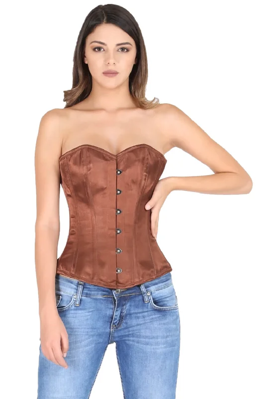 Corset top with puffed sleeves-Brown Satin Gothic Corset Burlesque Waist Cincher Bustier Overbust Top