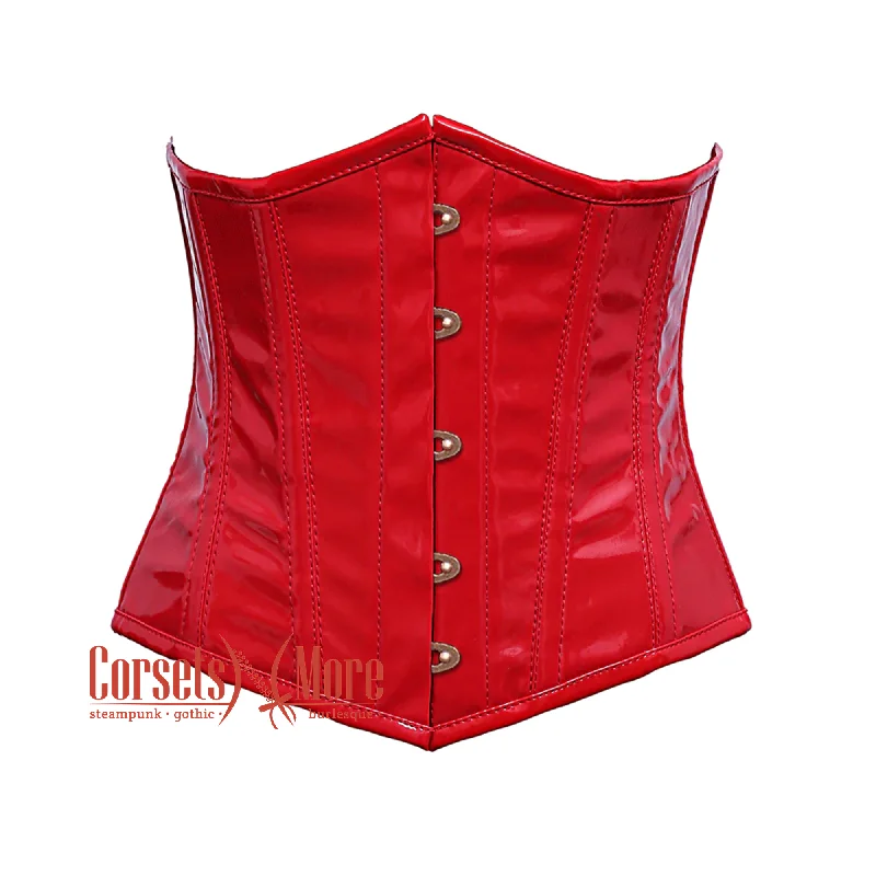 Corset for hourglass figure-Plus Size Red PVC Leather Front Antique Busk Underbust Steampunk Corset