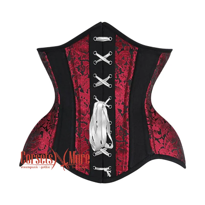 Corset for flattering curves-Plus Size Red and Black Brocade Black Cotton With White Ribbon Gothic Underbust Corset