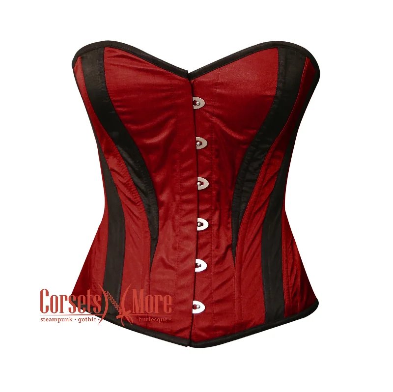 Corset for waist cinching-Burgundy and Black Satin Burlesque Costume Overbust Corset Top