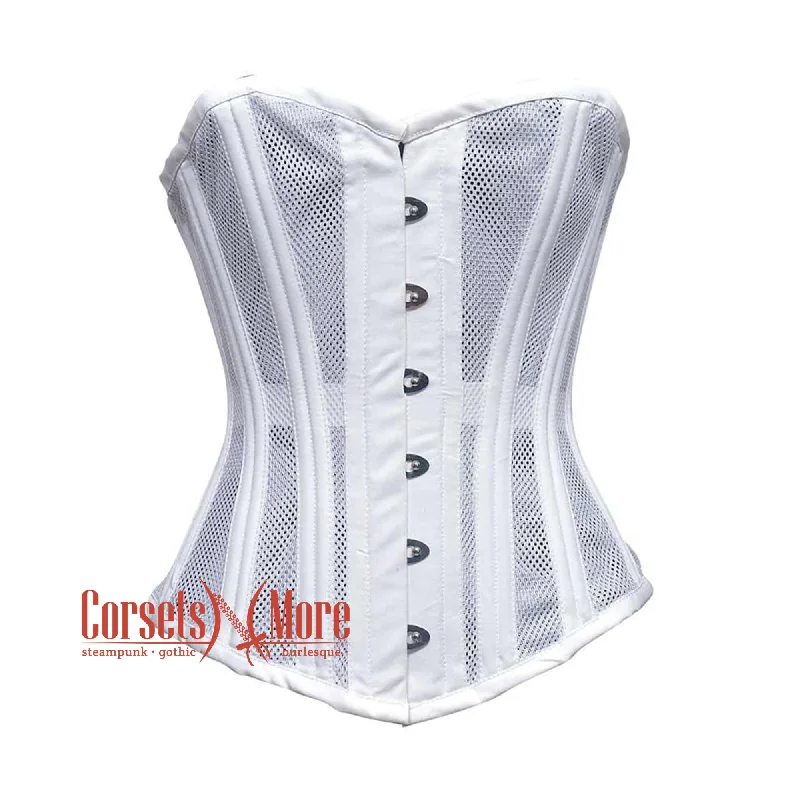 Corset for waist training-White Satin With Mesh Double Bone Burlesque Gothic Overbust Corset Bustier Top