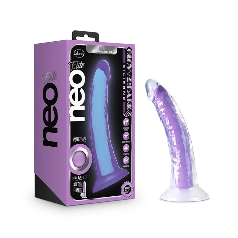 glow-dildo-Blush Neo Elite Glow in the Dark Light 7 in. Silicone Dual Density Dildo with Suction Cup Neon Purple