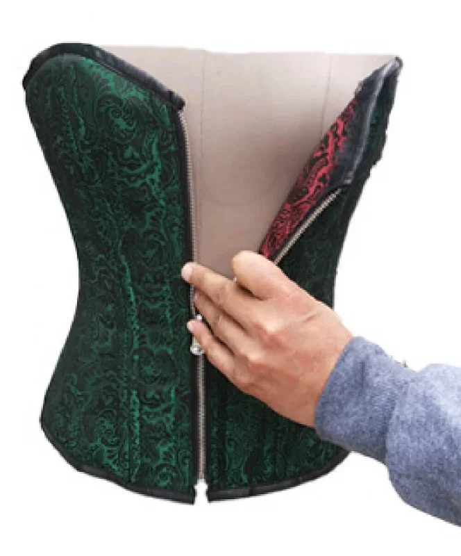 Corset top for clubbing-Green Red Reversible Brocade Front Zipper Waist Cincher Women Overbust Corset Top