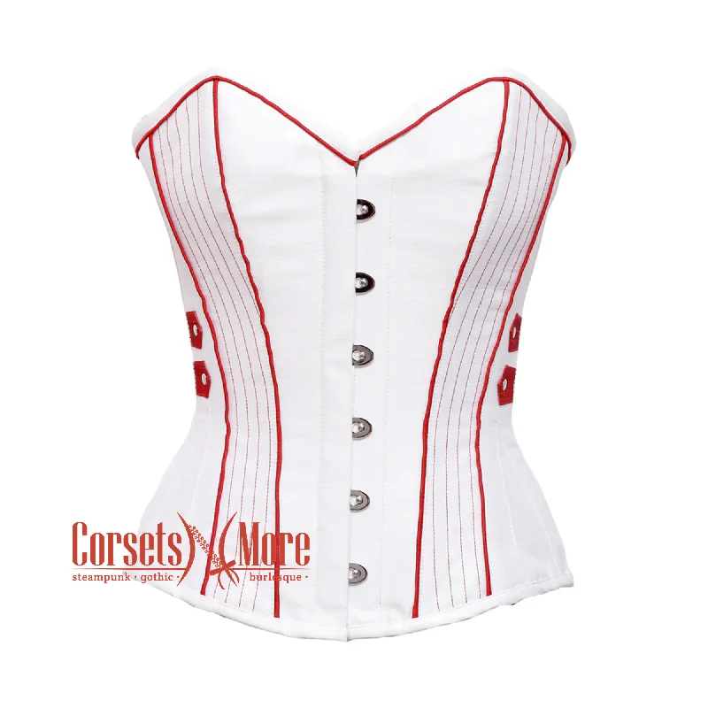 Corset with pleated front-Plus Size White Satin With Red Thread Design Overbust Corset Top