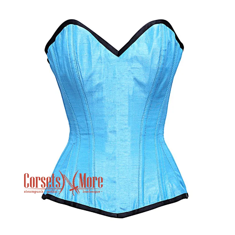 Corset top with mock neck-Baby Blue Satin Burlesque Front Close Waist Training Costume Gothic Corset Overbust Top