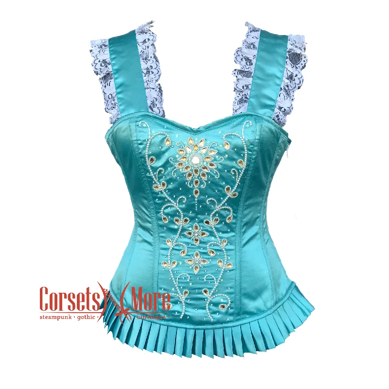 Corset with pearl buttons-Plus Size Baby Blue Satin White Sequins Work With Shoulder Strap Burlesque Overbust Corset Top