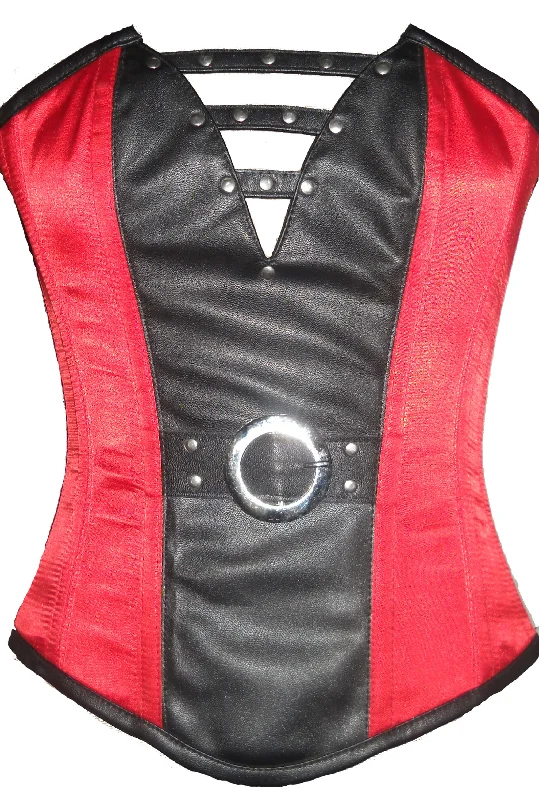 Corset for slimming effect-Red And Black Satin Leather Work Waist Training Bustier Overbust Corset Costume