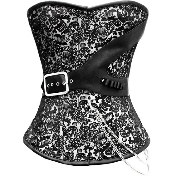 Corset for dance costumes-Sasja Silver Brocade Overbust Corset With Chain Details