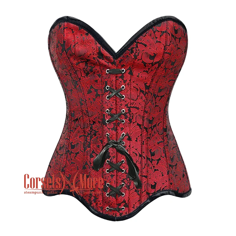 Corset top in denim-Plus Size Red Brocade Curvy Design Steampunk Gothic Overbust Corset