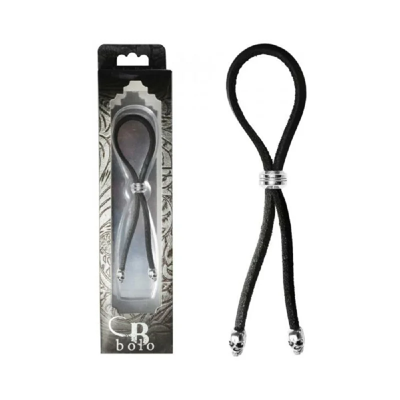 cock ring lightweight battery-Bolo Cock Ring Leather Lasso Bead Slider w/Skull Tips - Black/Silver