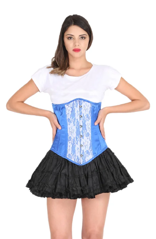 Corset for graceful style-Blue Satin Corset White Net Gothic Burlesque Costume Waist Training LONGLINE Underbust Bustier Top