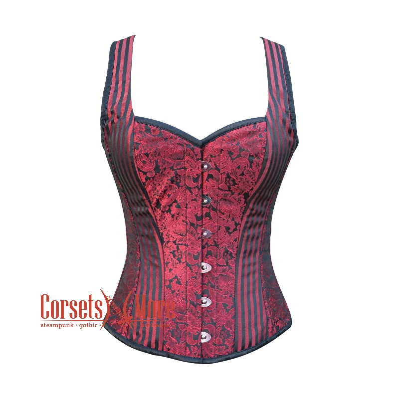 Corset dress in navy blue-Red And Black Brocade Halloween Corset with Shoulder Strap Overbust Top