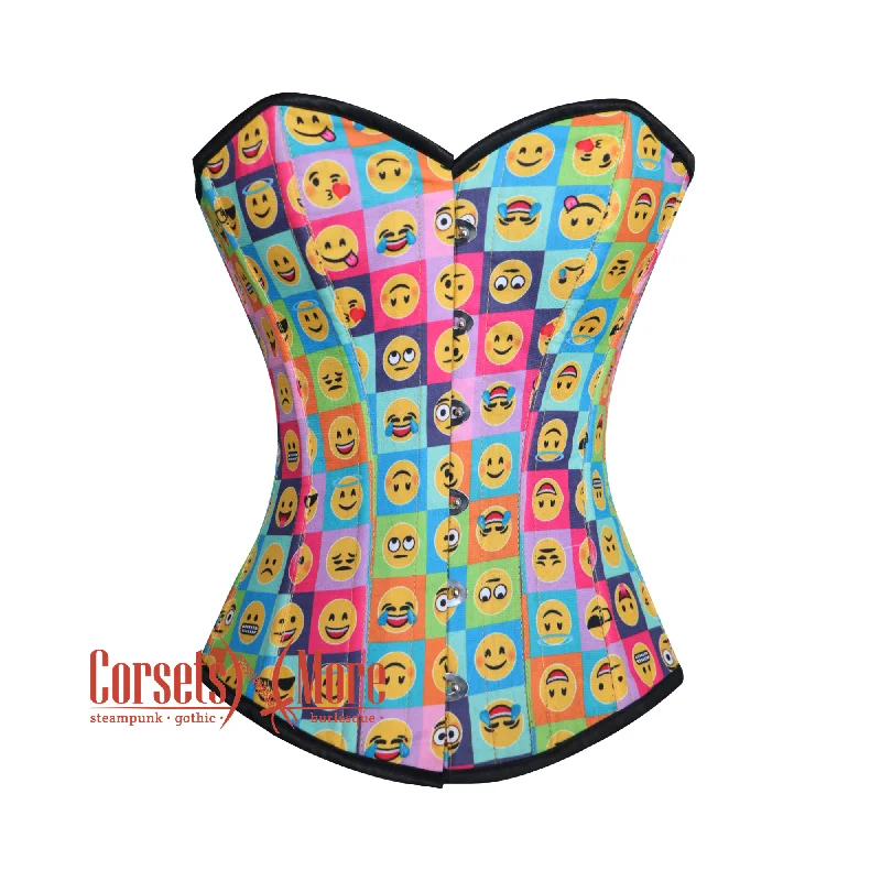 Corset with elastic panels-Plus Size Emoji Printed Colorful Cotton Overbust Burlesque Waist Training Corset Top