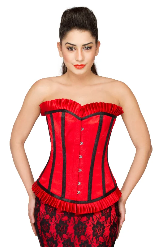 Corset top with one-shoulder-Red Satin Black Stripes Overbust Corset Top