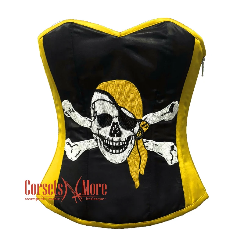 Corset dress for black-tie event-Plus Size Black and Yellow Satin Pirate Sequins Work Costume Bustier Steampunk Waist Cincher Overbust Top