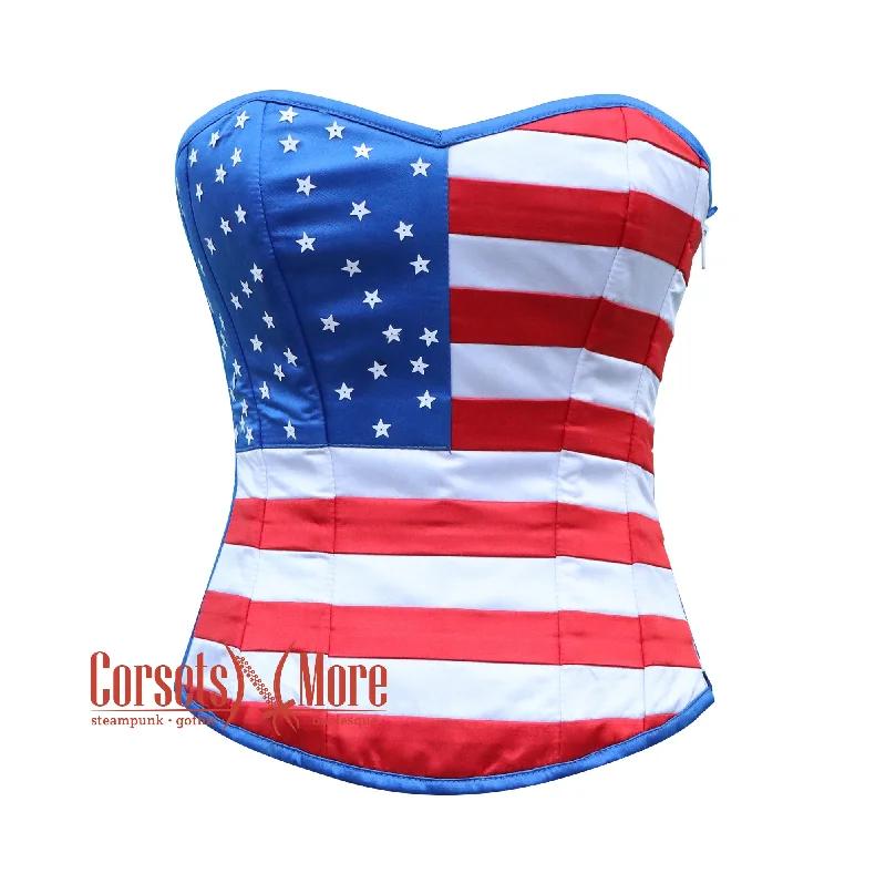 Corset top with fringe-USA Flag Blue Satin with Red and White Stripes Corset Gothic Overbust Top