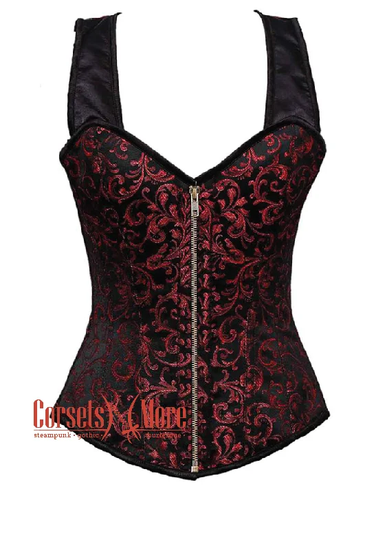 Corset for dance costumes-Red and Black Brocade With Shoulder Strap with Antique Zipper Overbust Corset