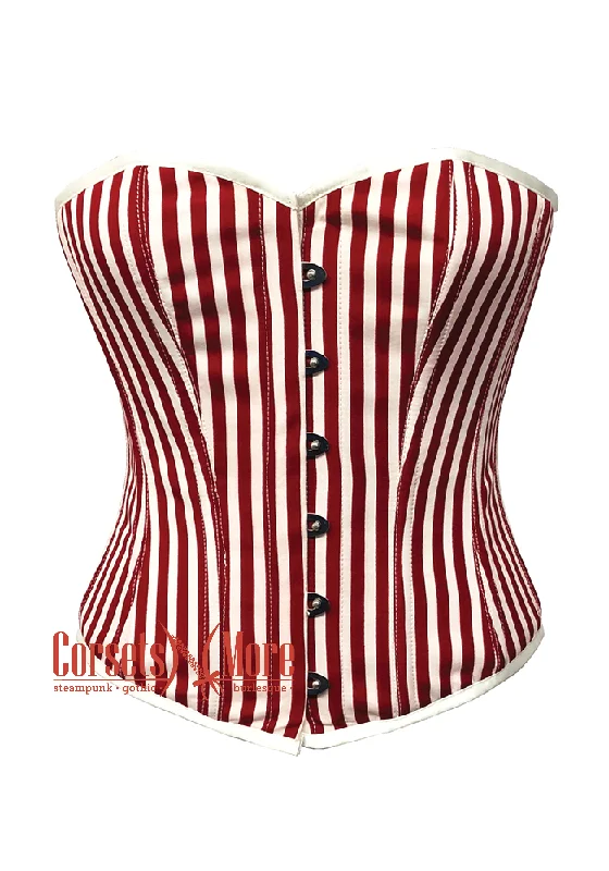 Corset dress with high-low hem-Red and White Vertical Striped Satin Gothic Costume Waist Training Overbust Bustier Top