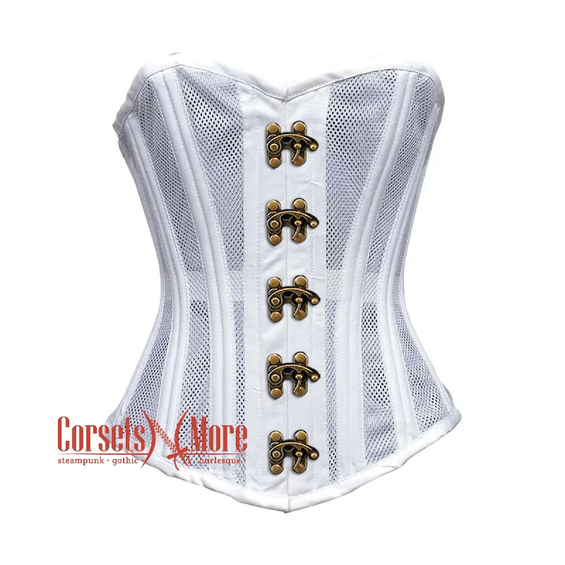 Corset in plus size range-White Satin With Mesh Front Seal Lock Double Bone Burlesque Gothic Overbust Corset Bustier Top