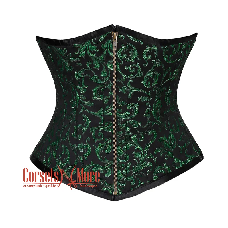 Corset in pale gold-Plus Size Green And Black Brocade With Front Antique Zipper Underbust Corset Gothic Costume Bustier Top