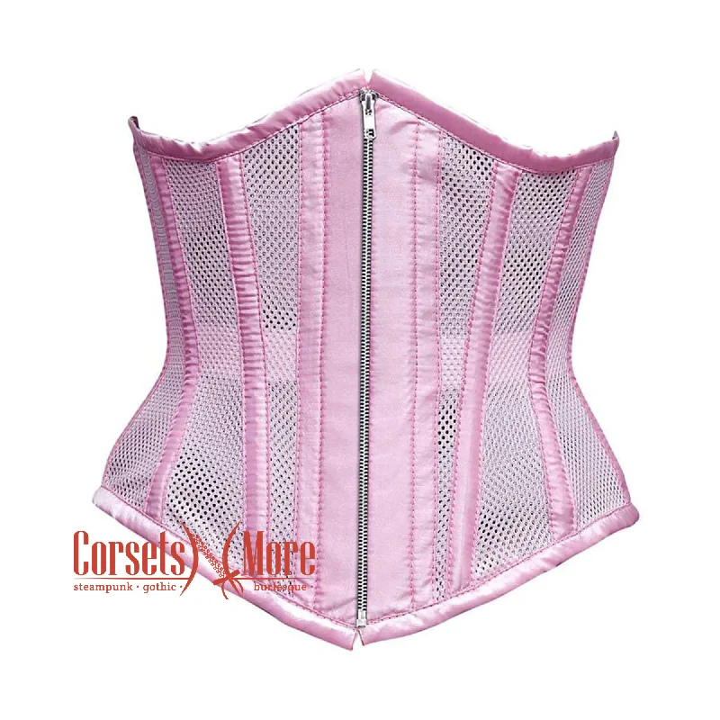 Corset with floral applique-Plus Size Baby Pink Mesh Satin Stripes Burlesque Gothic Front Zipper Waist Training Underbust Corset