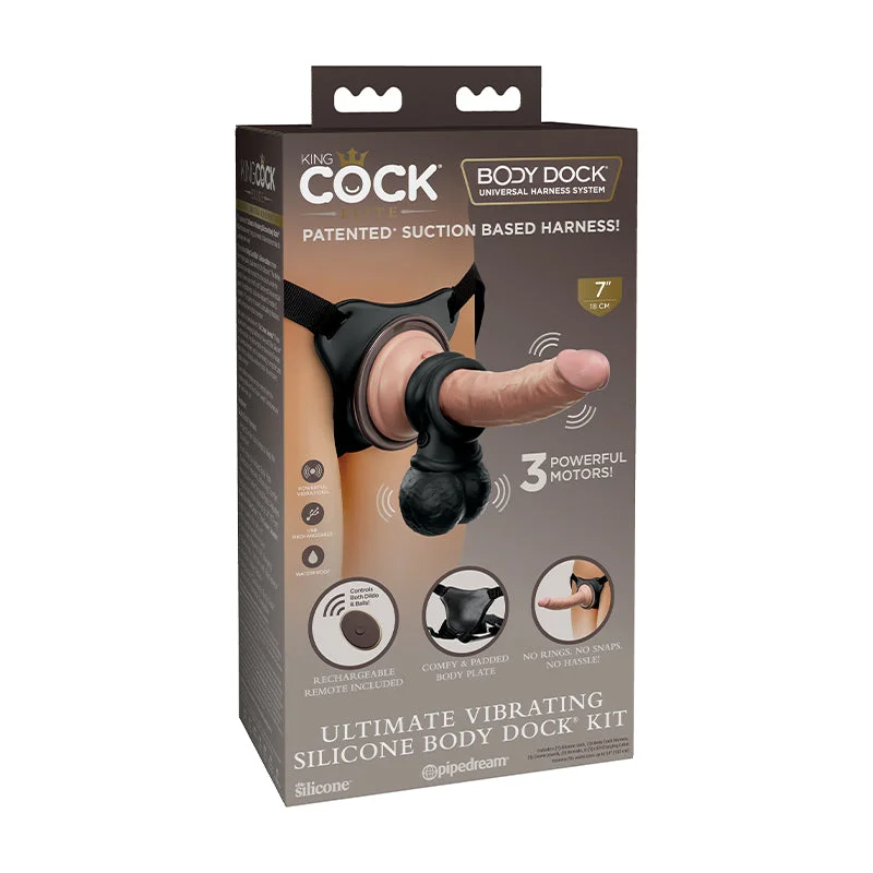 sculpted-dildo-Pipedream King Cock Elite Ultimate Vibrating Silicone Body Dock Kit With Rechargeable Remote-Controlled 7 in. Realistic Dildo & Swinging Balls Beige/Black