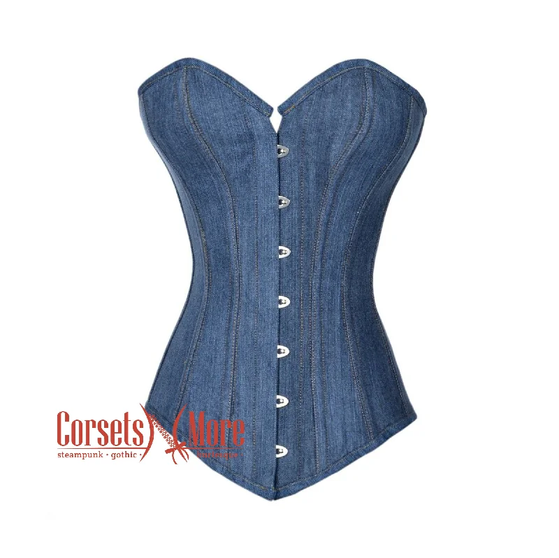 Corset in animal print-Blue Denim Long Burlesque Bustier Waist Trainer Overbust Corset Top