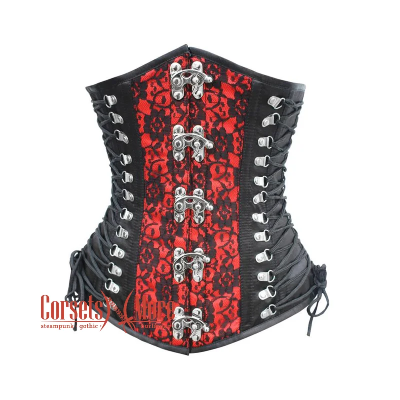 Corset with cut-out details-Plus Size Black And Red Satin Net Overlay Gothic Waist Training Steampunk Underbust Corset