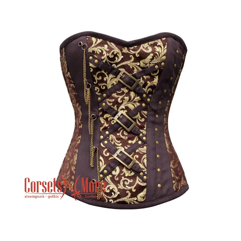 Corset for bold fashion-Plus Size Brown And Golden Brocade Burlesque Gothic Overbust Corset Bustier Top