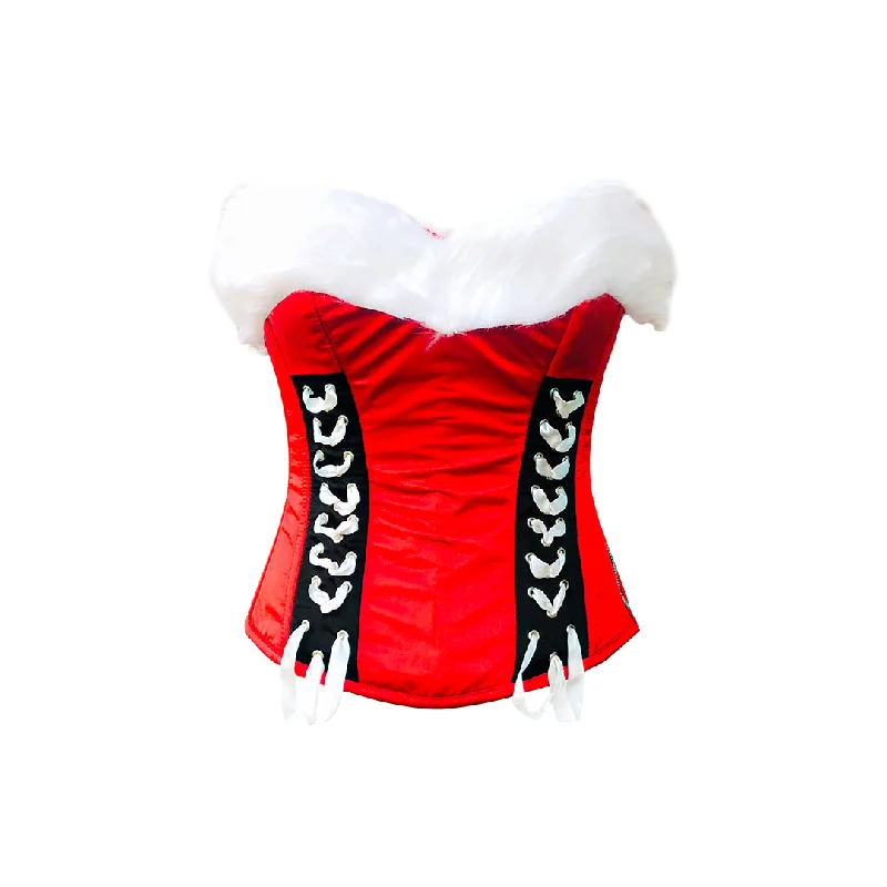 Corset for pirate costume-Red Satin White Fur Valentine Costume Overbust Bustier Halloween Corset Top