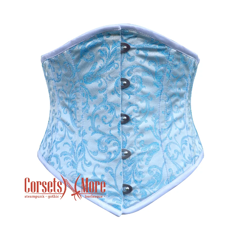 Corset top with knot detail-Turquoise And White Brocade Gothic Waist Trainer Underbust Waspie Corset