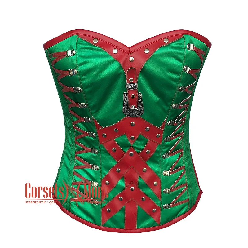 Corset in forest green-Plus Size Green Satin Red Leather Steampunk Costume Gothic Overbust Corset