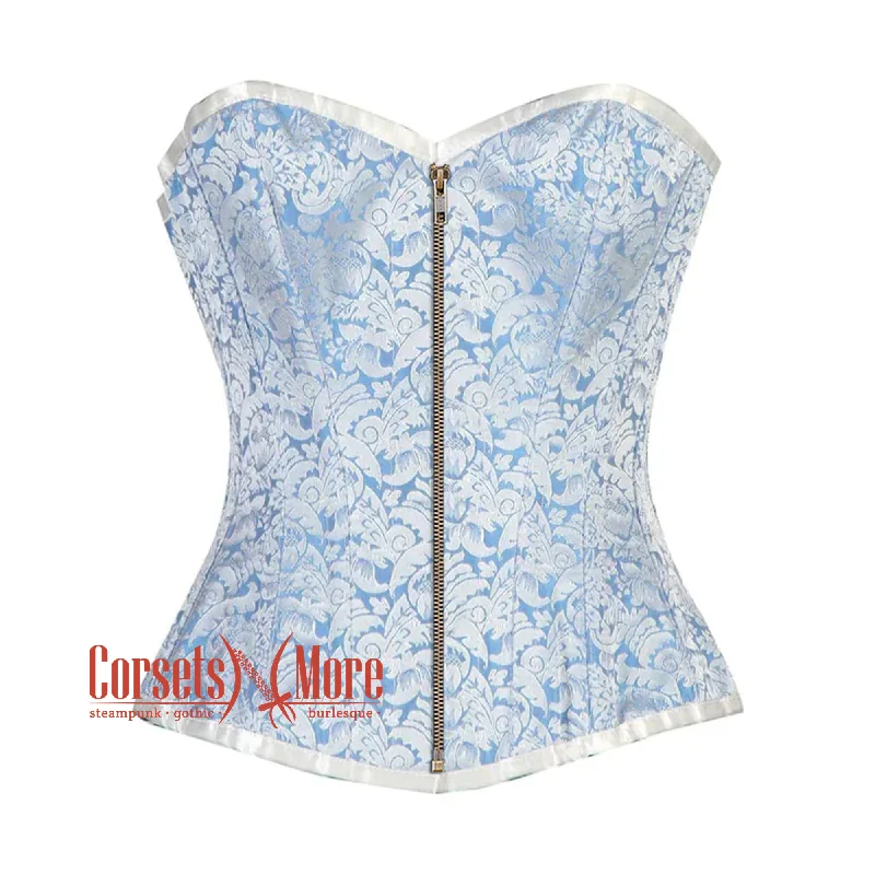 Corset in black satin-Blue And White Brocade Front Zip Burlesque Gothic Overbust Corset Bustier Top