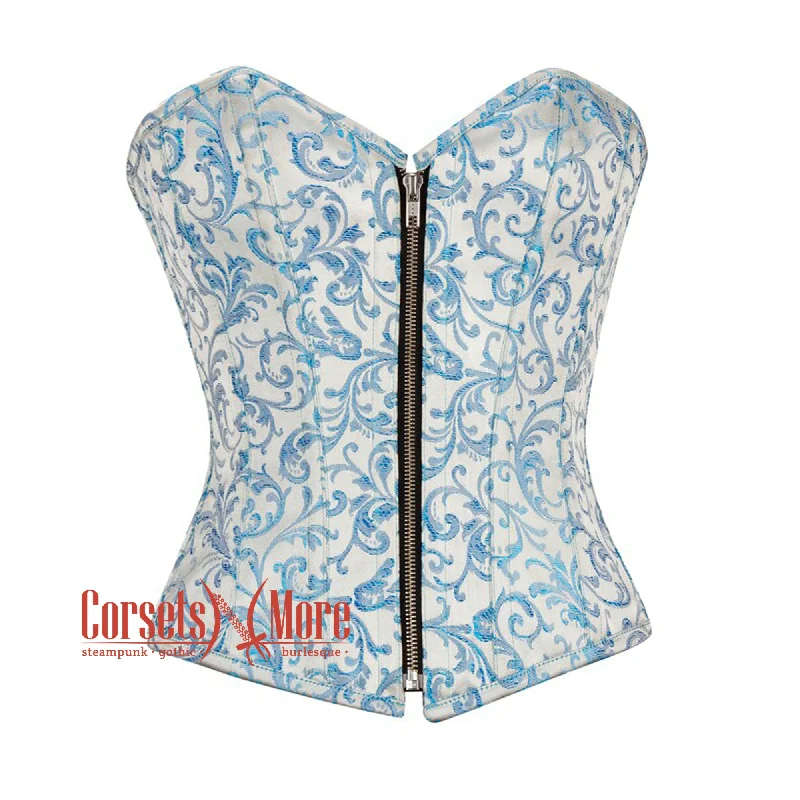 Corset with elastic panels-Blue And White Brocade Front Zipper Gothic Overbust Corset Bustier Waist Cincher