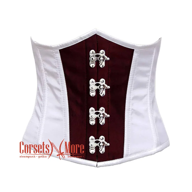 Corset underbust style-Plus Size White And Burgundy With Front Silver Clasps Underbust Corset Gothic Costume Bustier Top