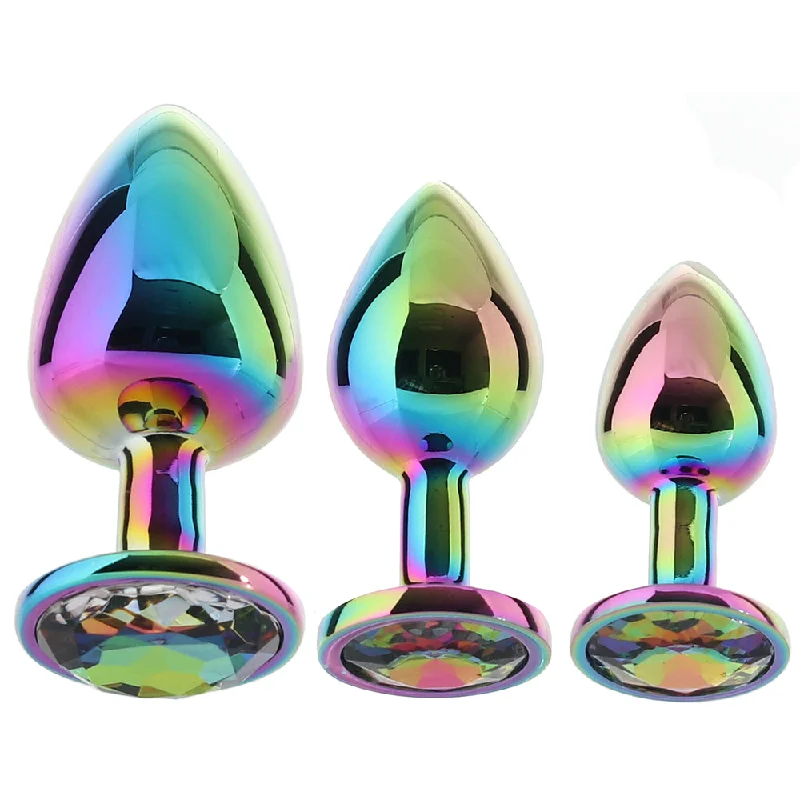 Wearable couples vibrators-Rear Assets Round Gem Metal Plug Kit in Rainbow