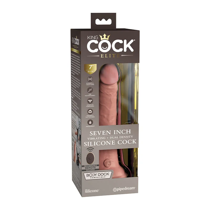 temperature-sensitive-dildo-Pipedream King Cock Elite 7 in. Vibrating Dual Density Silicone Cock Rechargeable Remote-Controlled Realistic Dildo With Suction Cup Beige