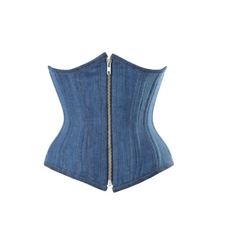 Corset with leather accents-Blue Denim Zipper Double Bone Underbust Corset Waist Training