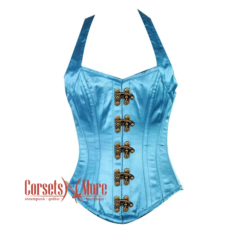 Corset with button details-Baby Blue Satin With Shoulder Strap Front Clasp Burlesque Overbust Corset Bustier Top