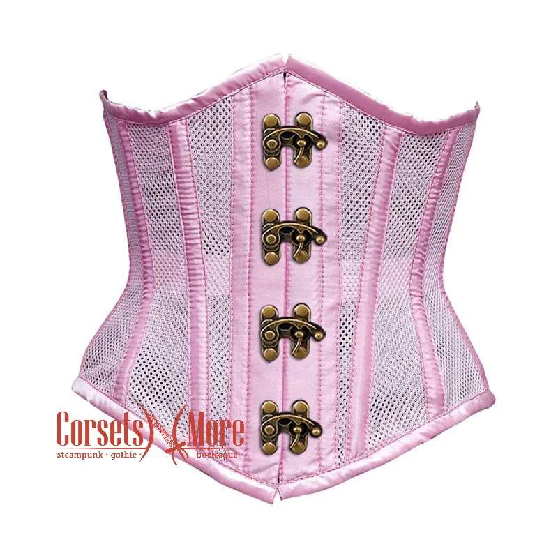 Corset for figure flattering-Plus Size  Baby Pink Mesh Satin Stripes Burlesque Gothic Front Antique Clasps Waist Training Underbust Corset