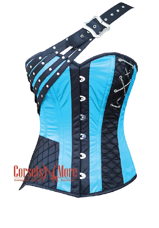 Corset in bright magenta-Baby Blue and Black Satin Gothic Steampunk Costume Overbust Bustier Top