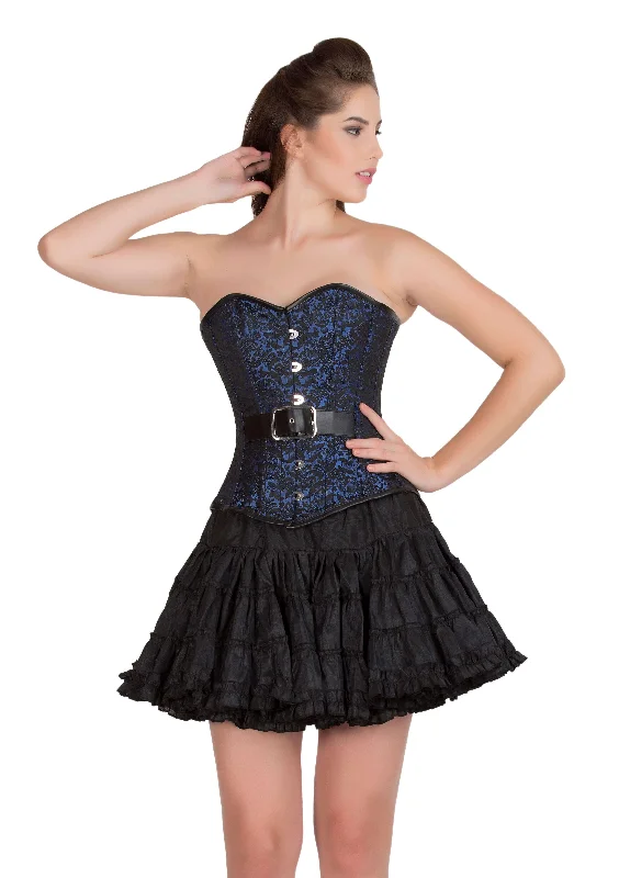 Corset with embroidered roses-Blue Black Brocade Gothic Burlesque Costume Overbust Corset Top