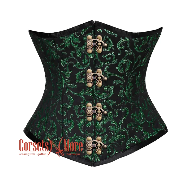 Corset for graceful style-Plus Size Green And Black Brocade With Front Clasps Underbust Corset Gothic Costume Bustier Top