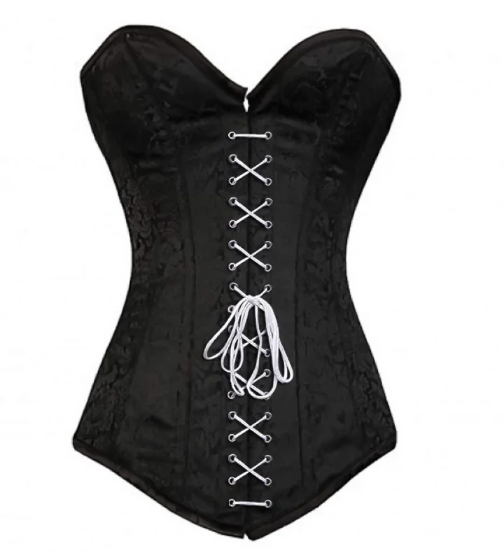 Corset with floral lace-up-LONGLINE Black Brocade Gothic Burlesque Corset Costume Waist Training Overbust Top