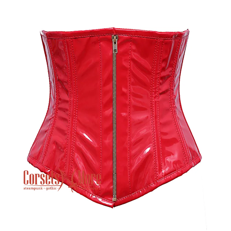 Corset dress for charity event-Plus Size Red PVC Leather Front V Shape Antique Zipper Underbust Steampunk Corset